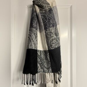 Paisley Checkered Pashmina Silk Shawl Wrap Scarf Black Cream 26x69